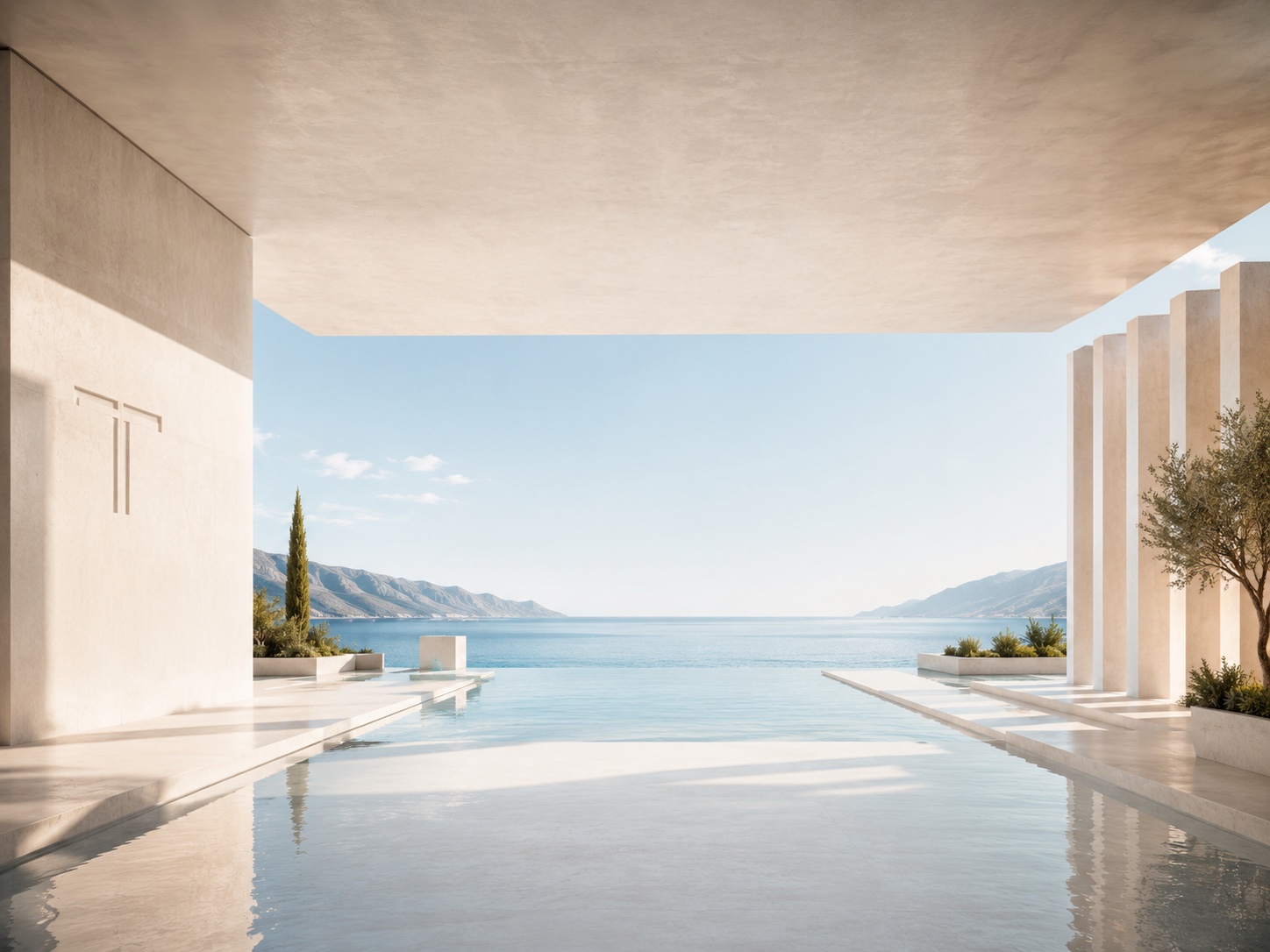 Le décor de la Maison — villa minérale au bord de mer, piscine à débordement, double T gravé dans la pierre.